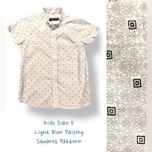 LIKE NEW Button Up Polo; Light Blue Paisley with Layered Square Pattern  (5T)
